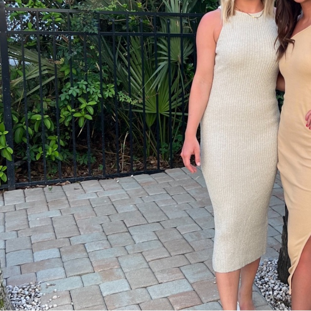 Tan ribbed midi dress